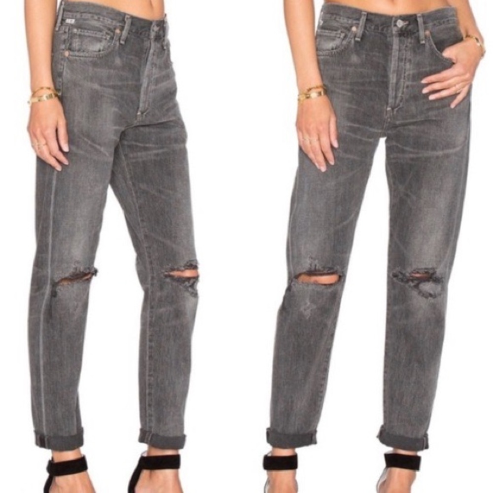 Citizens of Humanity vintage straight leg gray baggy high rise jeans w knee rips